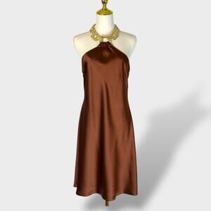 NWT STAUD Francoise Gold Chain Necklace Slip Dress Brown Satin Mini Gown 12/XL